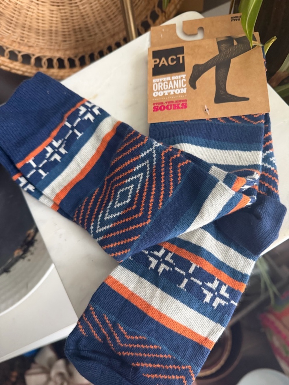 Pact Blue Orange Fair Isle Over The Knee Socks NWT OS
